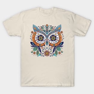 Mexican Style Graphic Owl Face Flowers Leaves T-Shirt